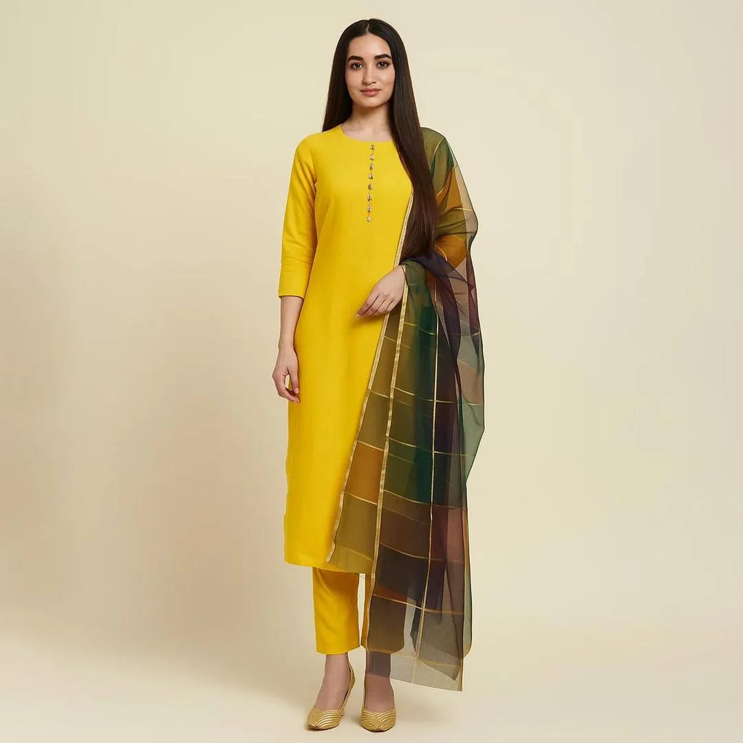 3-Piece Katan Silk Unstitched Suit – Yellow