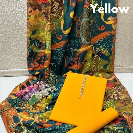 3-Piece Katan Silk Unstitched Suit with Calligraphy Dupatta