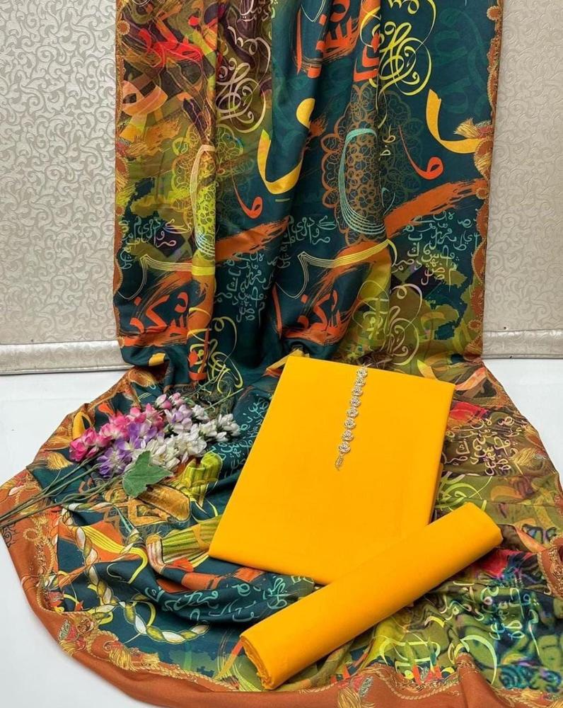 3-Piece Katan Silk Unstitched Suit with Calligraphy Dupatta