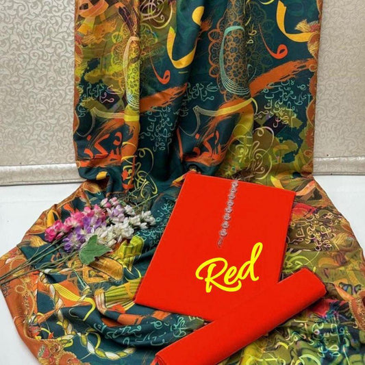 3-Piece Katan Silk Unstitched Suit with Calligraphy Dupatta