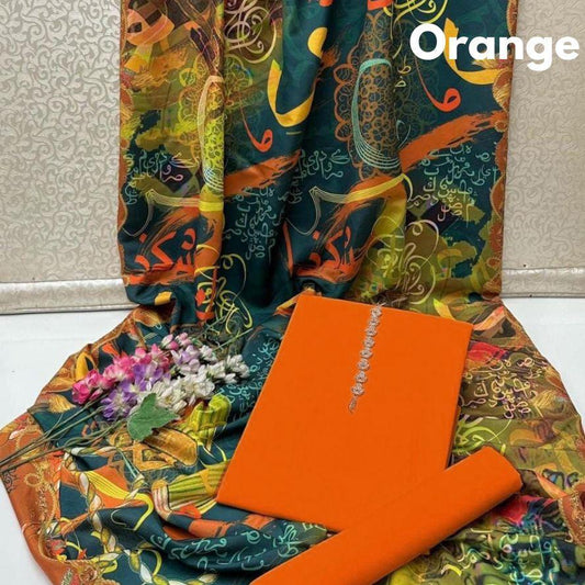 3-Piece Katan Silk Unstitched Suit with Calligraphy Dupatta