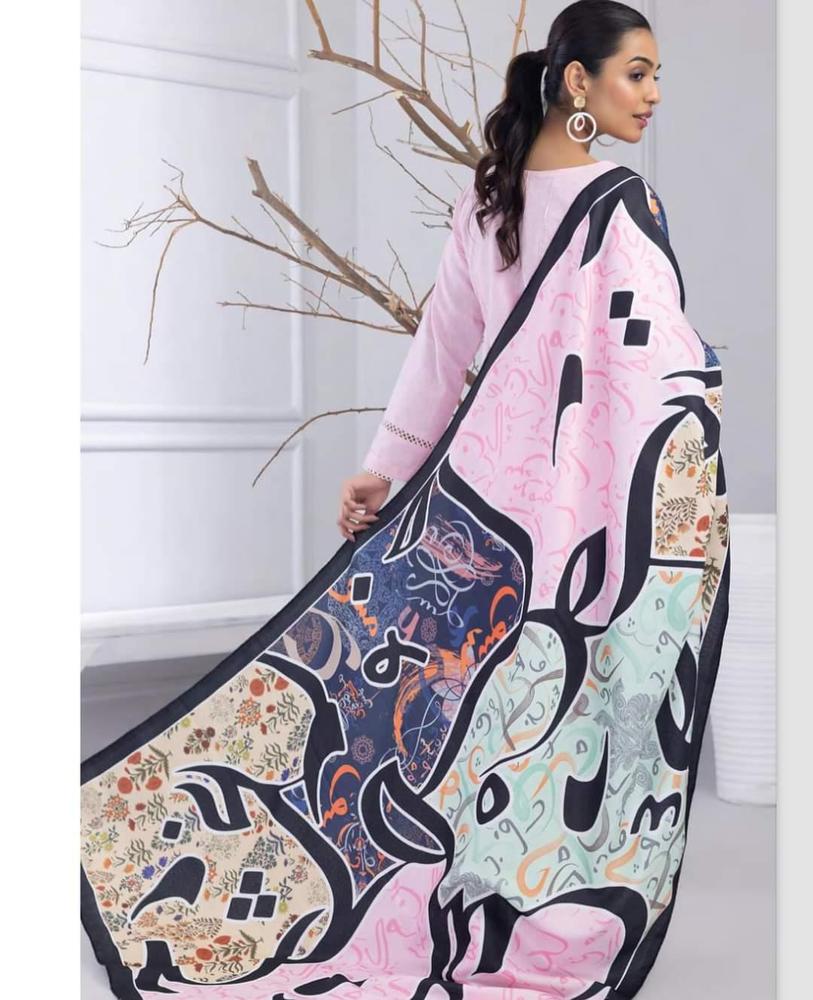 3-Piece Katan Silk Unstitched Suit with Calligraphy Dupatta