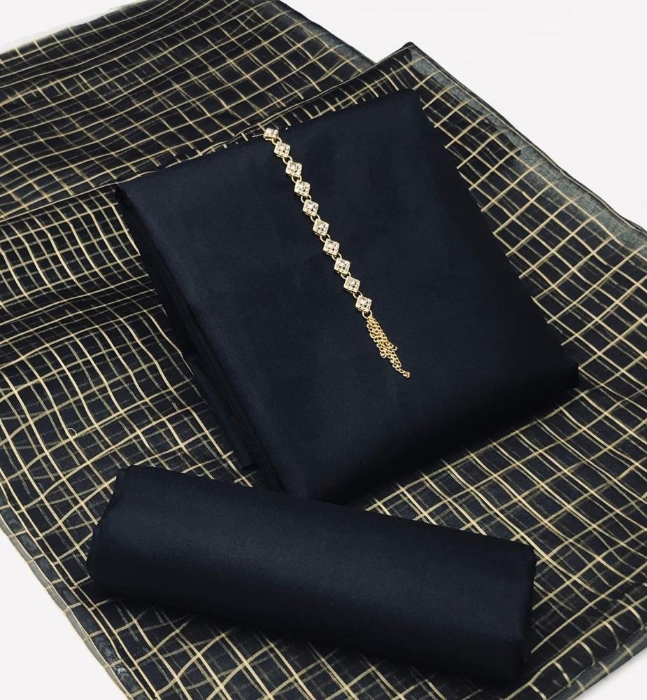 3-Piece Katan Silk Unstitched Suit with Calligraphy Dupatta