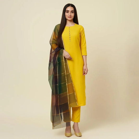 3-Piece Katan Silk Unstitched Suit – Yellow